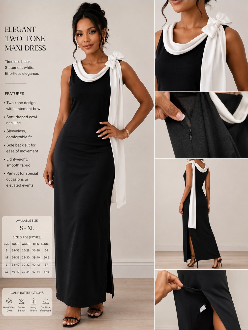 Two-Tone Black & White Maxi Dress with Draped Cowl and Bow